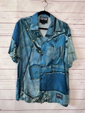 VERSACE JEANS COUTURE Men’s Size XS Denim Print Shirt Blue Lightweight